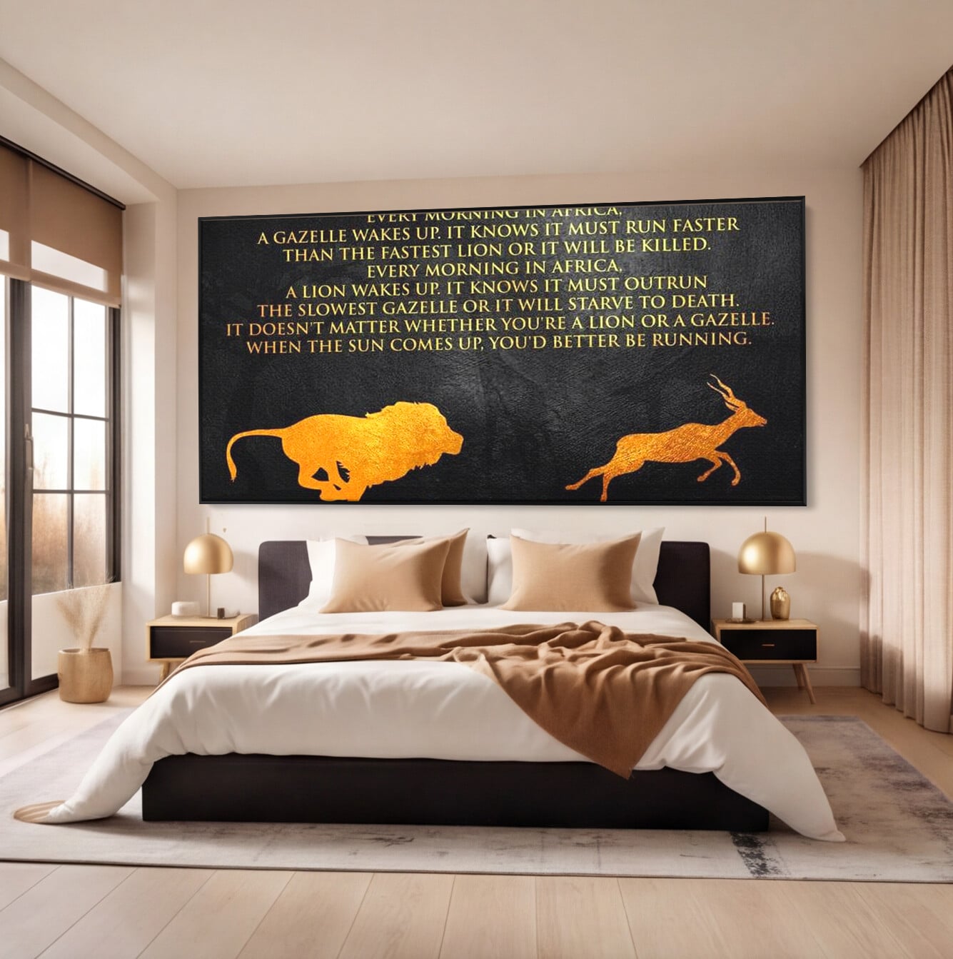 Tablou canvas cu tablou motivational cu leu si gazela, in rama de aluminiu negru, pe perete intr-un dormitor